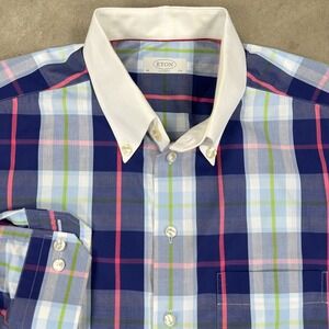 Eton Classic Mens 44/17 1/2‎ Blue Dress Shirt Button Up Check Plaid Long Sleeve